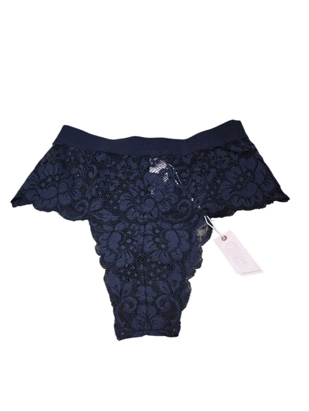 FREE PEOPLE Intimately NWT Black Lace High Waist Thong Panty XS Floral Scallop